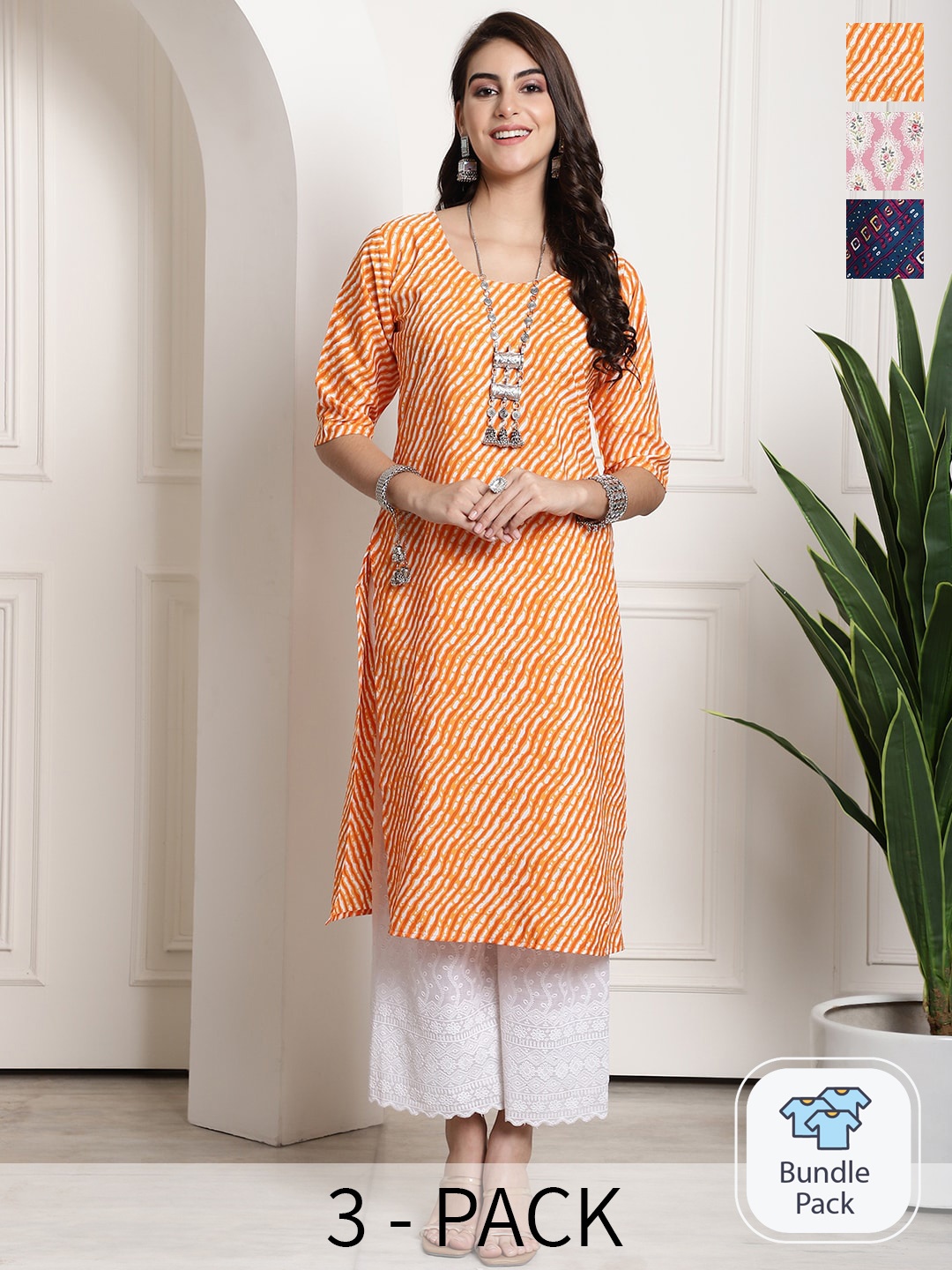 

7Threads Selection Of 3 Leheriya Printed Straight Kurta, Orange