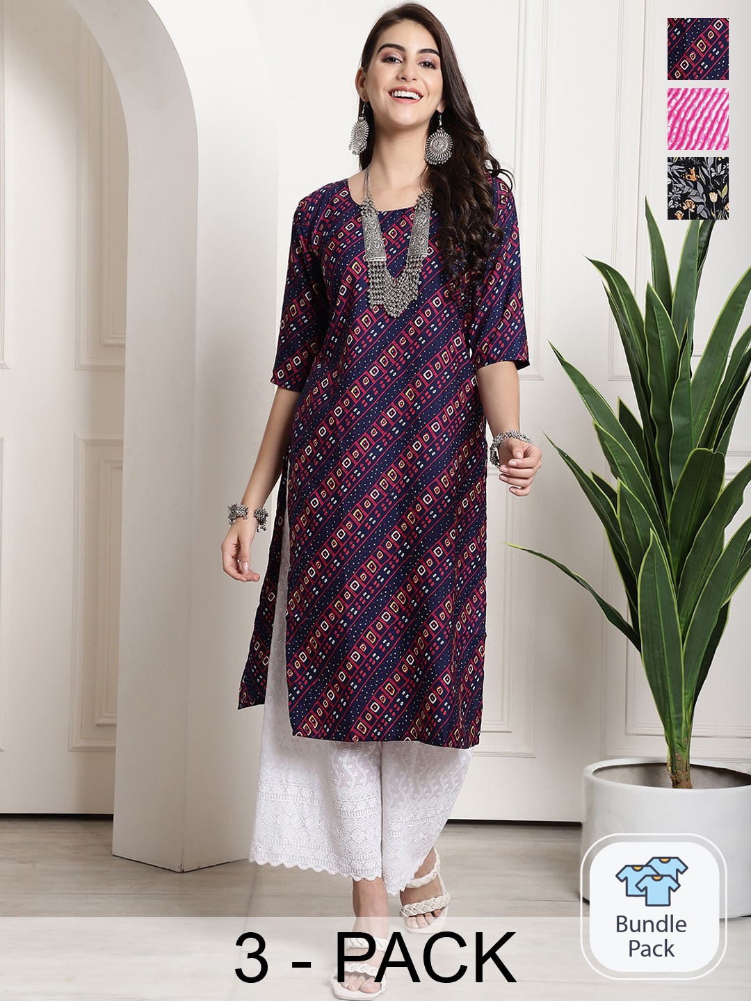 

7Threads Selection Of 3 Printed Round Neck Kurta, Navy blue