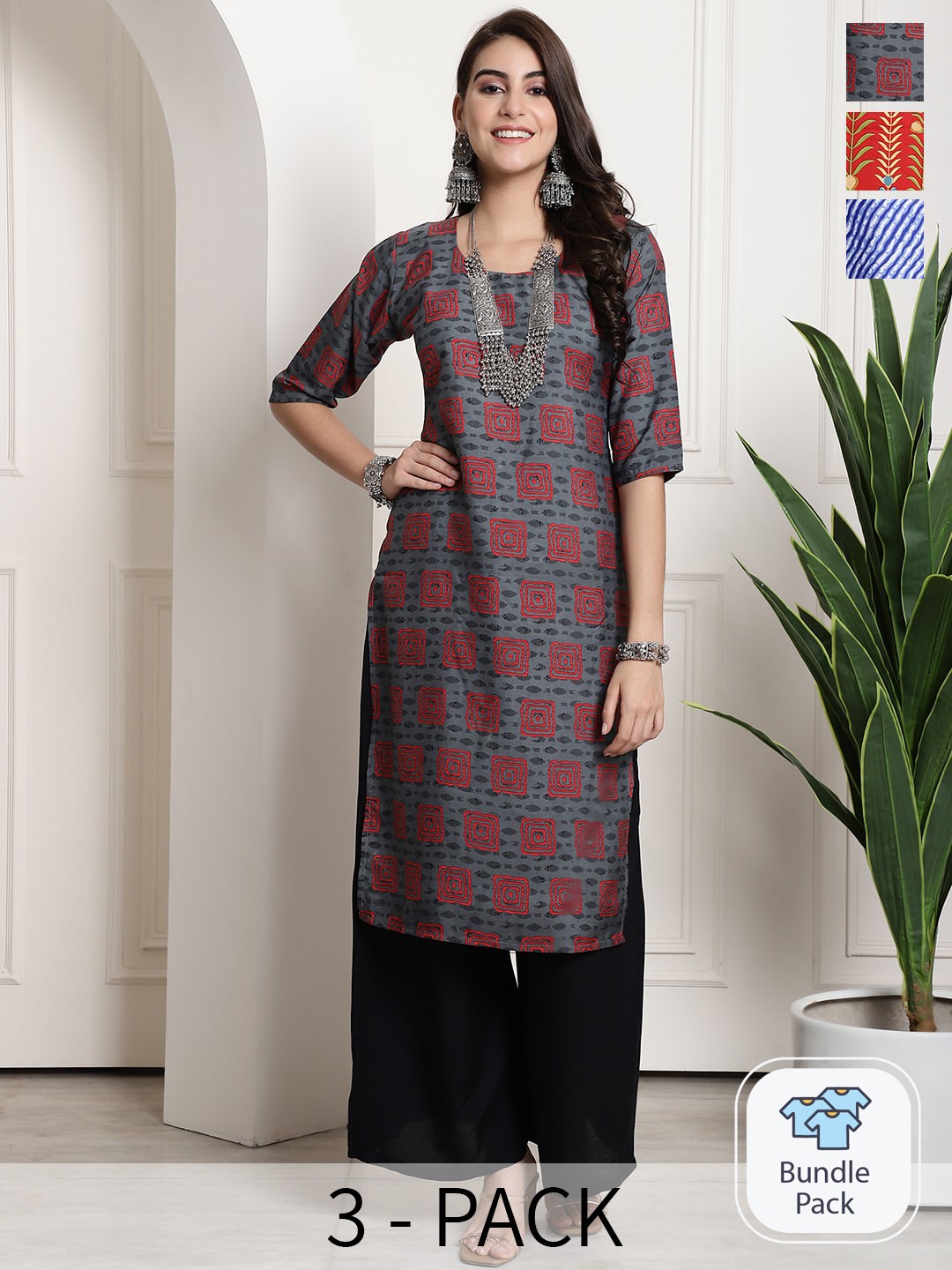 

7Threads Selection Of 3 Printed Straight Kurta, Grey