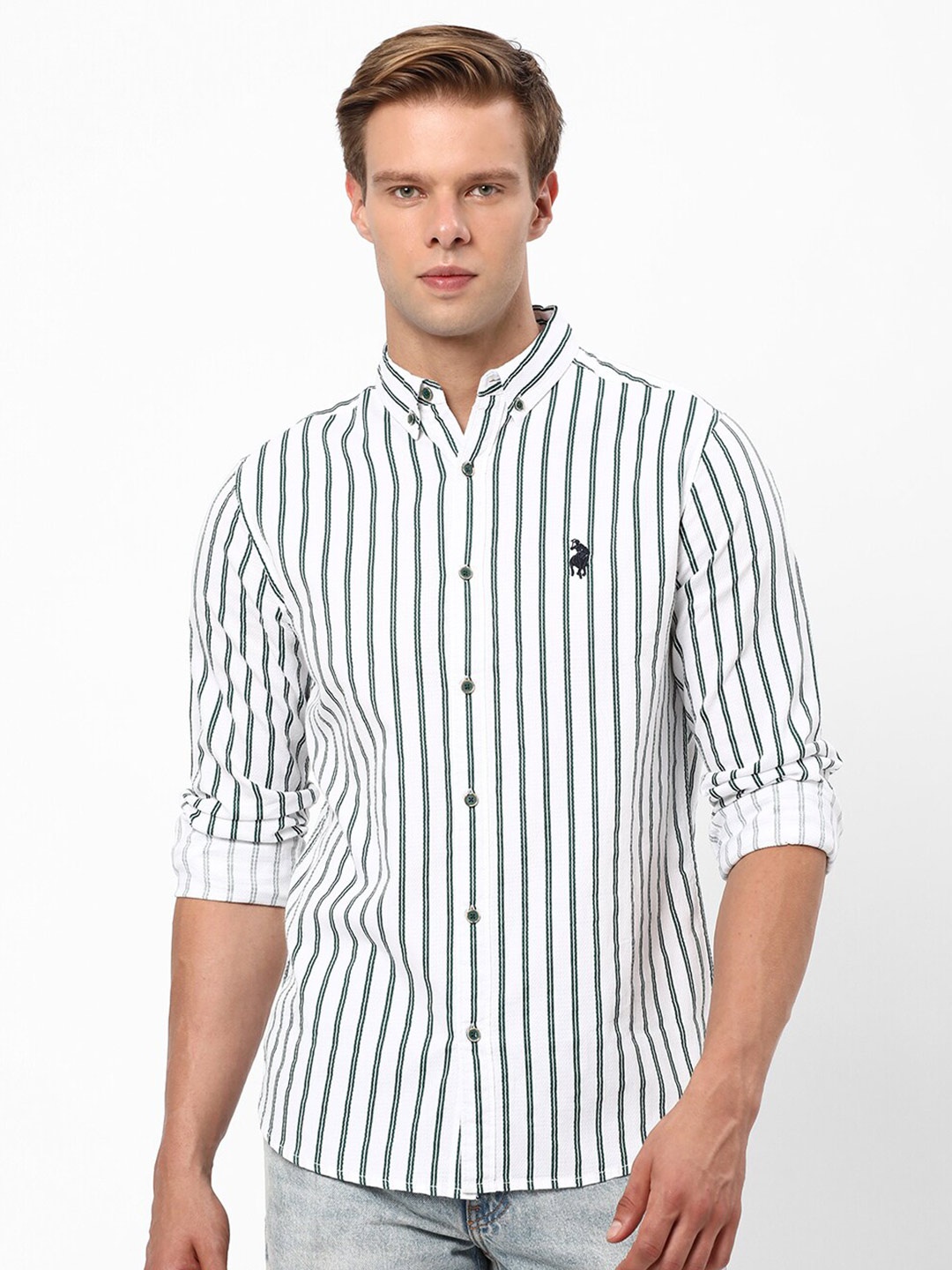 

R&B Men White Opaque Striped Casual Shirt