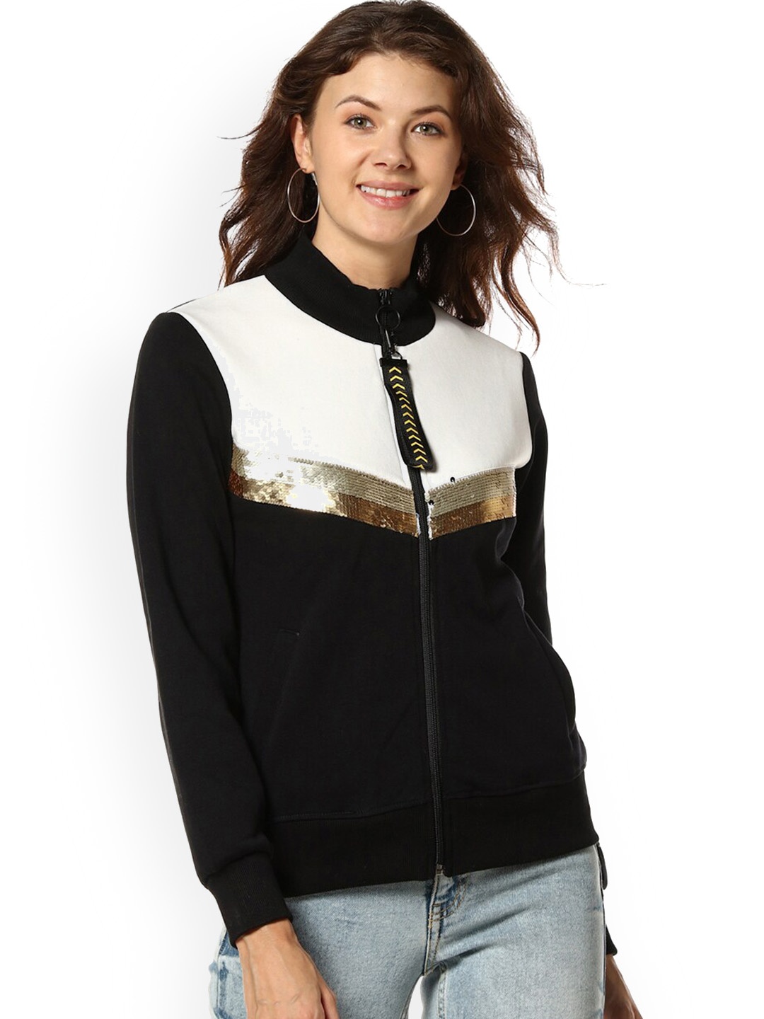 

Campus Sutra Colourblocked Windcheater Mock Collar Sequined Detail Cotton Bomber Jacket, Black