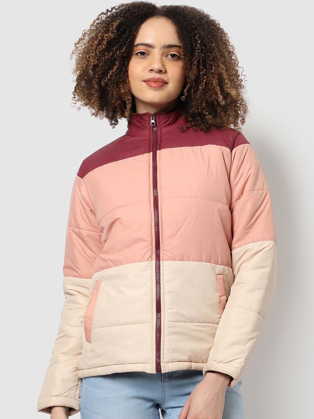 

Campus Sutra Colourblocked Windcheater Puffer Jacket, Peach