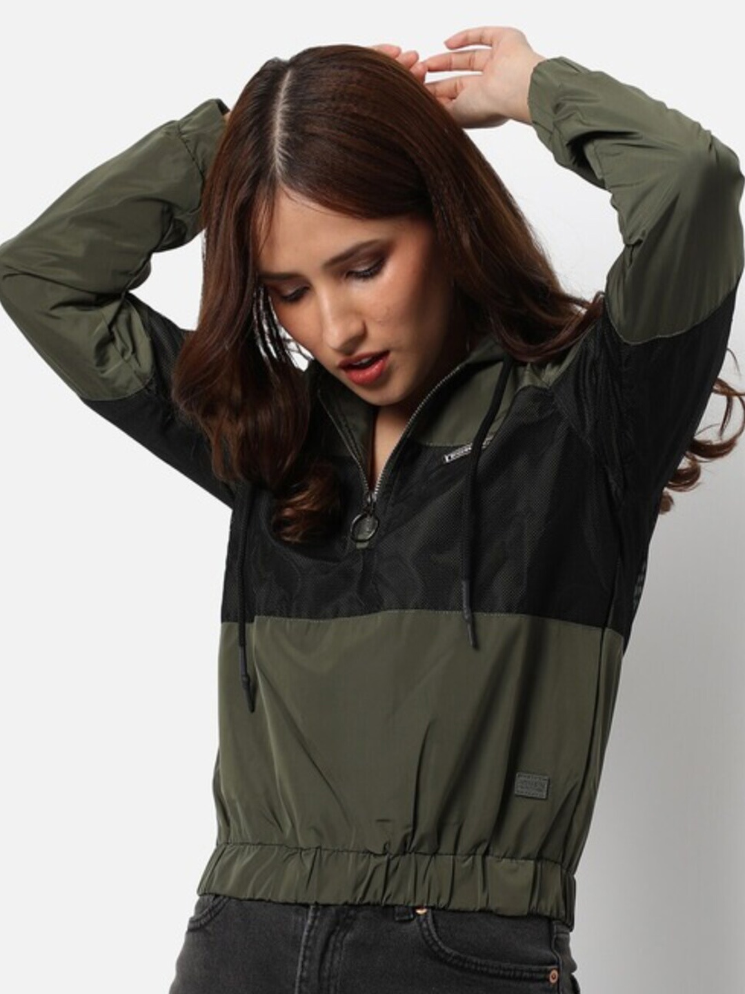 

Campus Sutra Windcheater Colourblocked Tailored Jacket, Olive