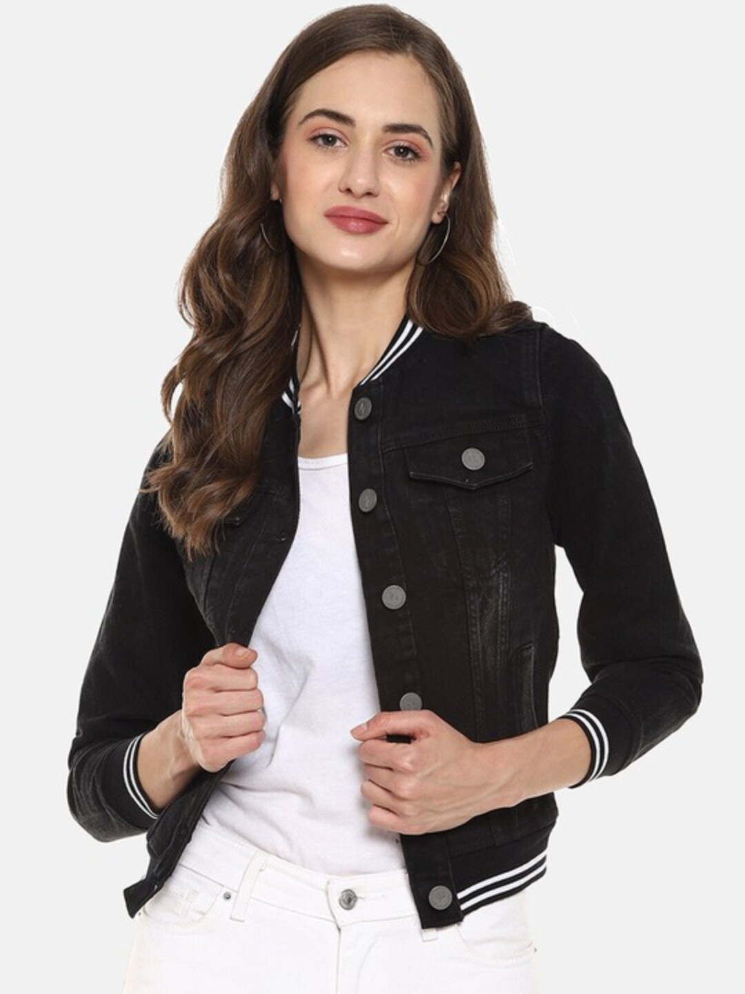 

Campus Sutra Windcheater Cotton Crop Denim Jacket, Black