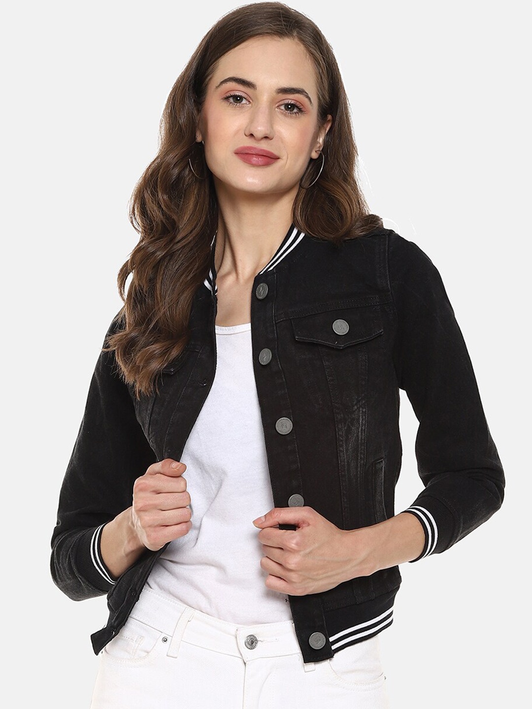 

Campus Sutra Windcheater Stand Collar Crop Outdoor Bomber Jacket, Black