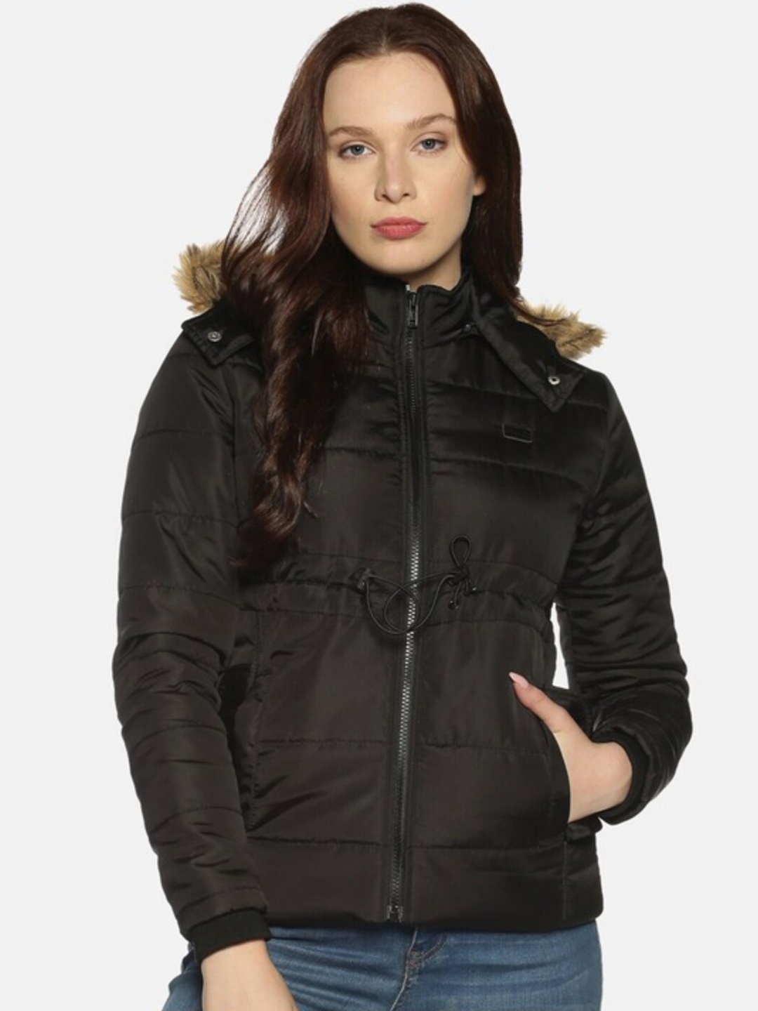 

Campus Sutra Windcheater Fur Detail Detachable Hooded Puffer Jacket, Black