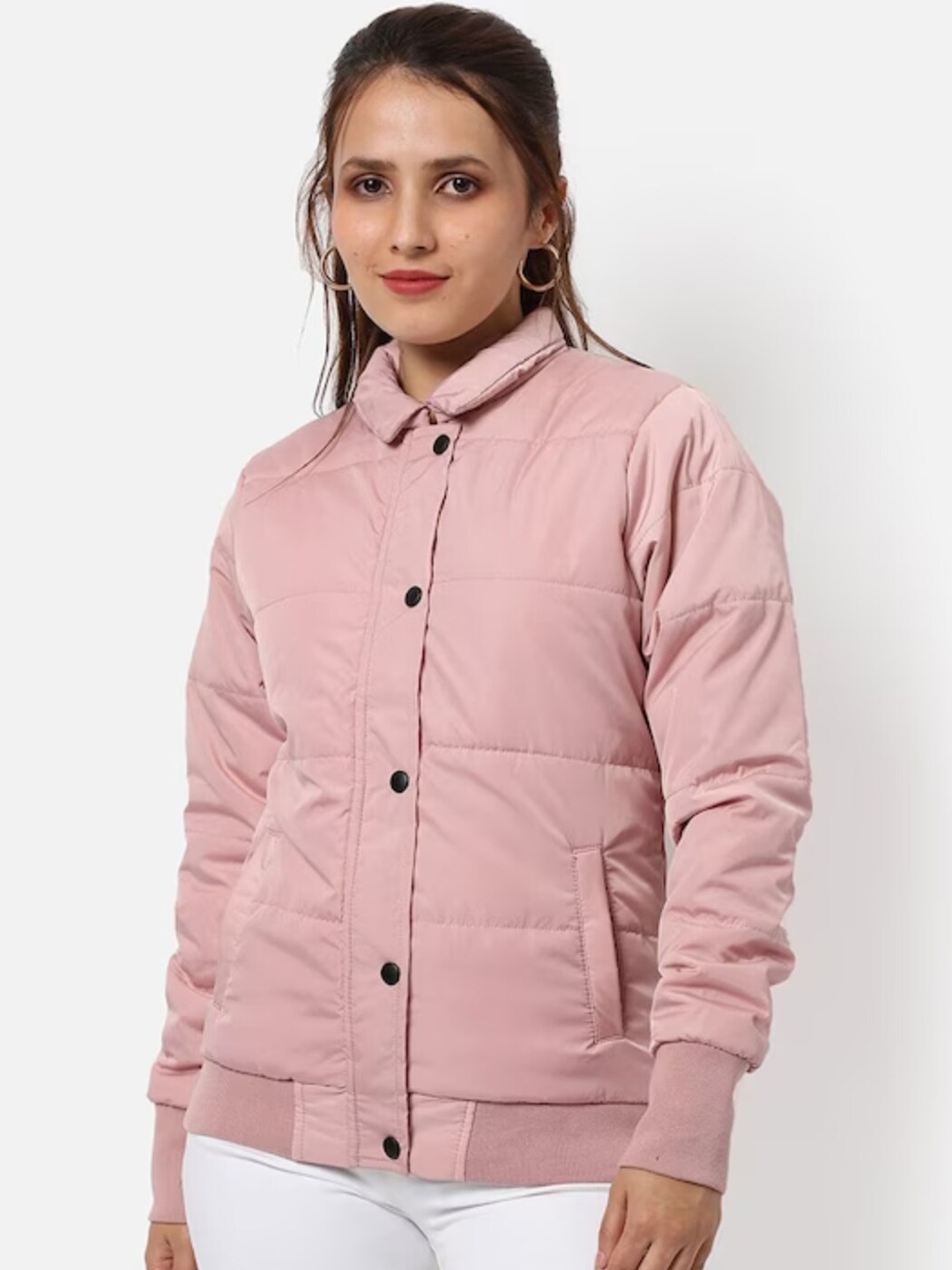 

Campus Sutra Pink Spread Collar Windcheater Puffer Jacket