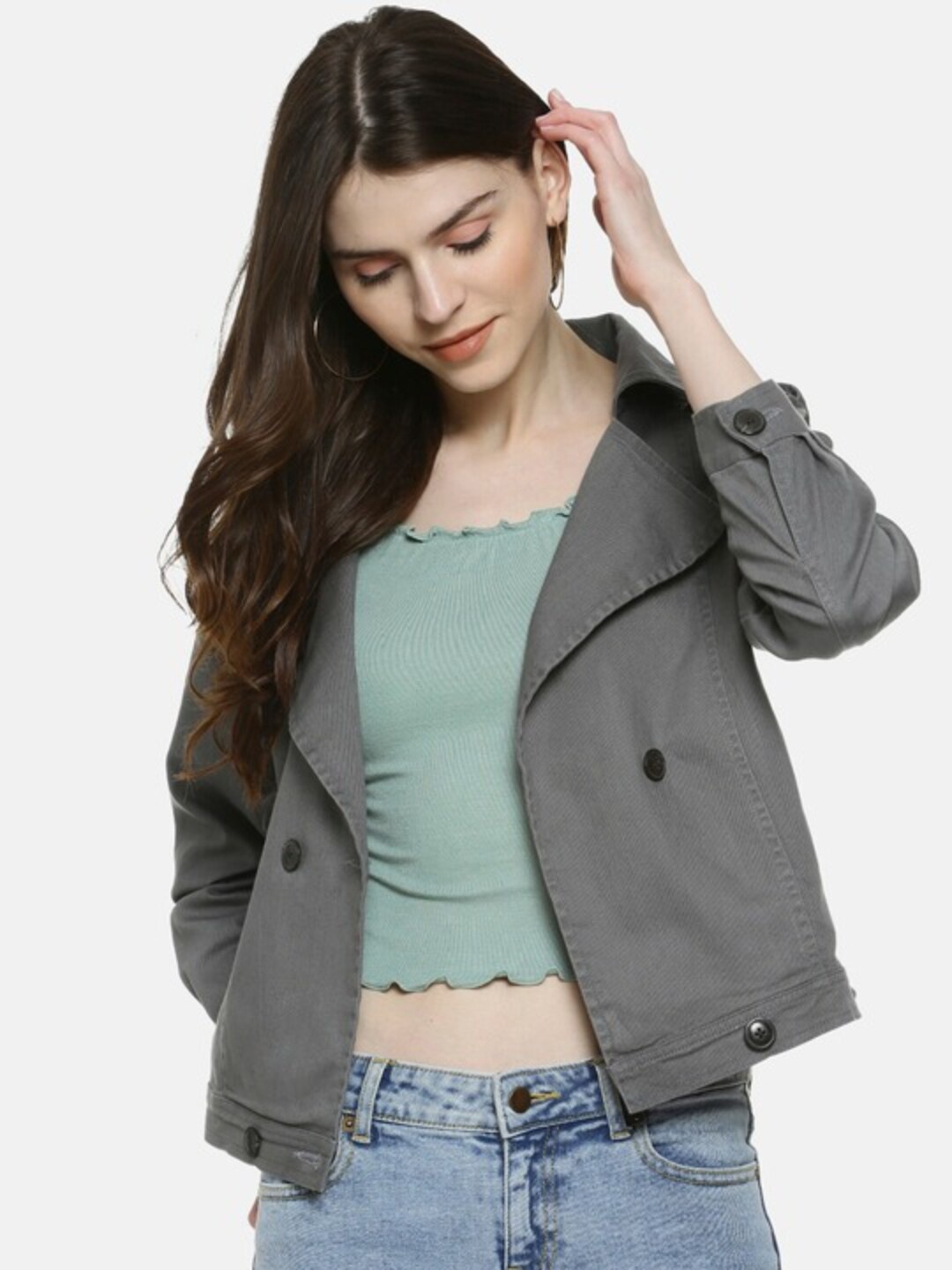 

Campus Sutra Windcheater Cotton Crop Tailored Jacket, Grey