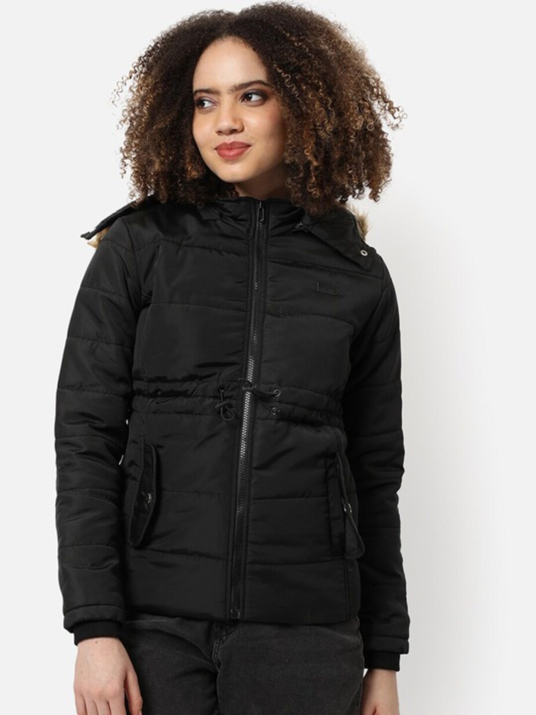 

Campus Sutra Windcheater Puffer Jacket With Detachable Fur Hood, Black