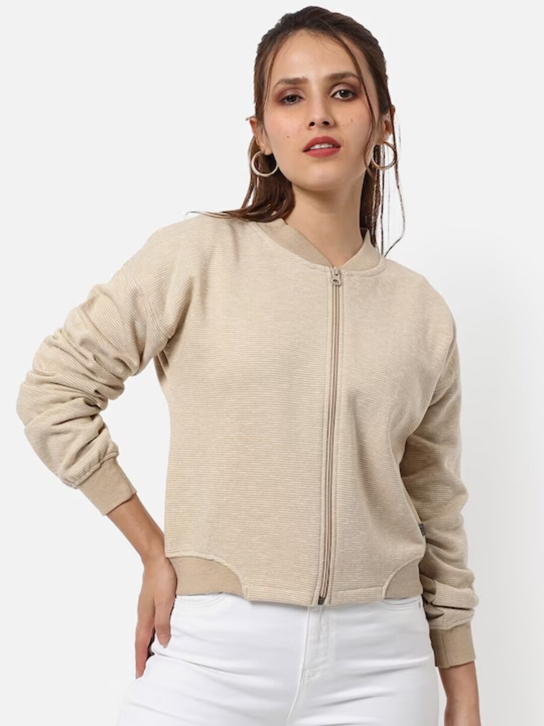 

Campus Sutra Windcheater Cotton Crop Bomber Jacket, Beige