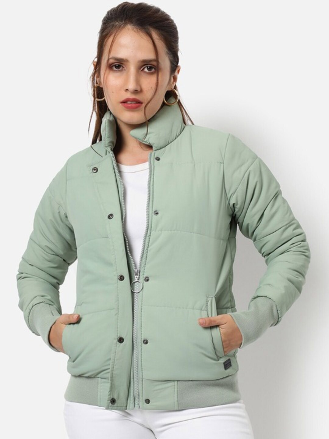 

Campus Sutra Stand Collar Windcheater Puffer Jacket, Sea green