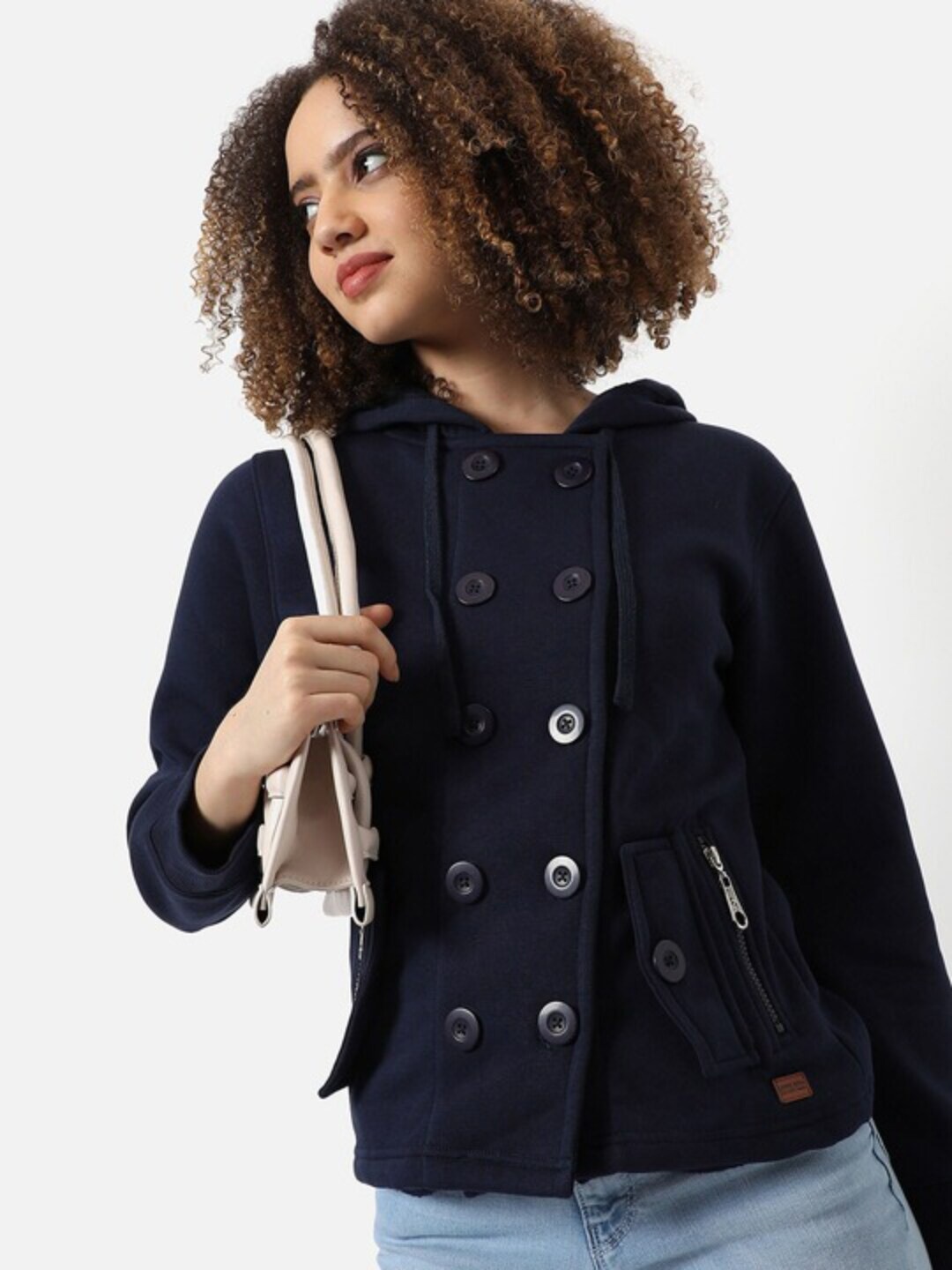 

Campus Sutra Windcheater Double-Breasted Hooded Cotton Tailored Jacket, Navy blue