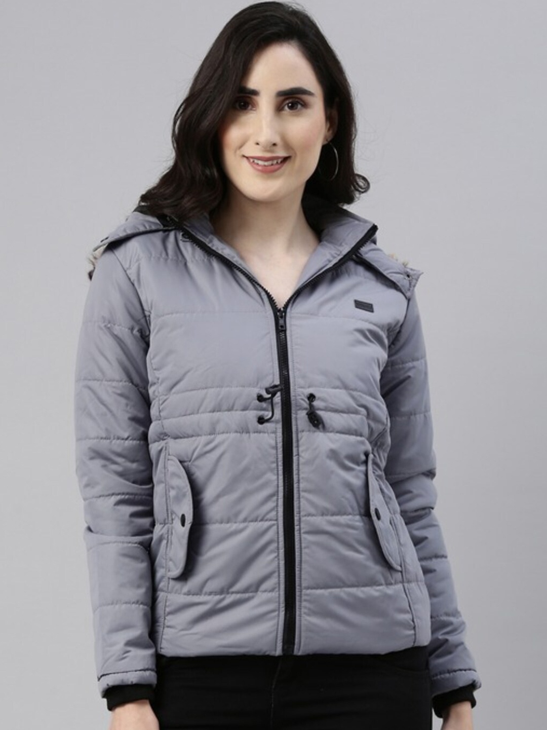 

Campus Sutra Windcheater Detachable Hood Puffer Jacket With Fur Details, Grey