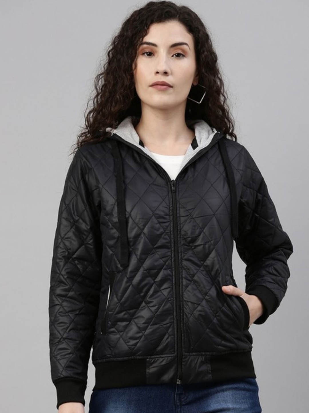 

Campus Sutra Hooded Windcheater Quilted Jacket, Black