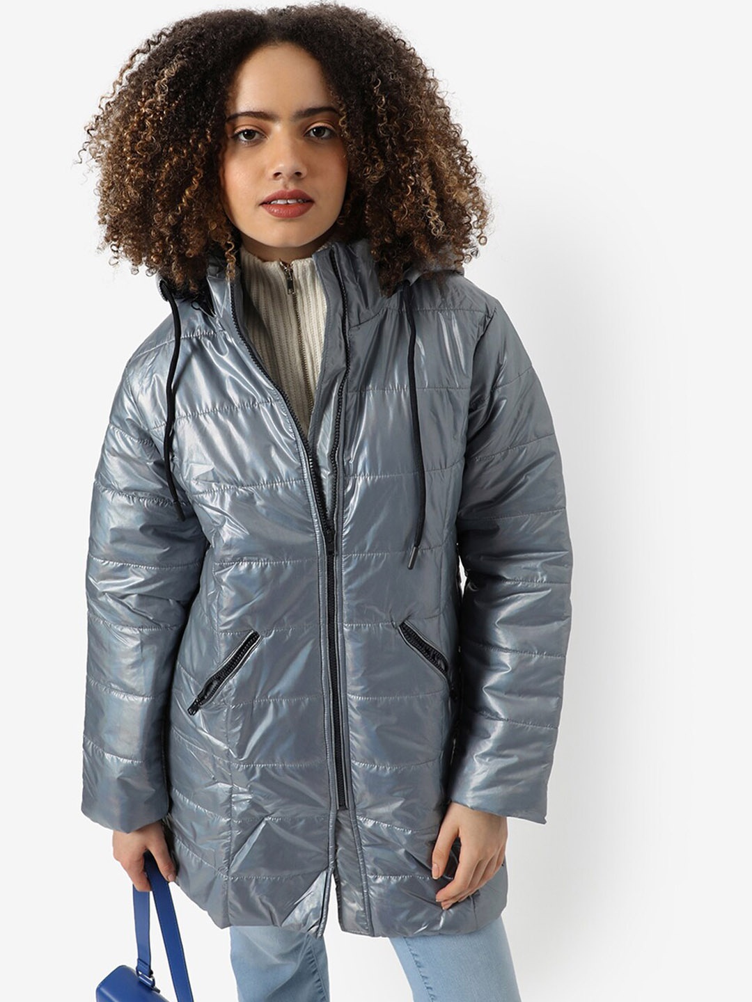 

Campus Sutra Windcheater Hooded Padded Jacket, Silver