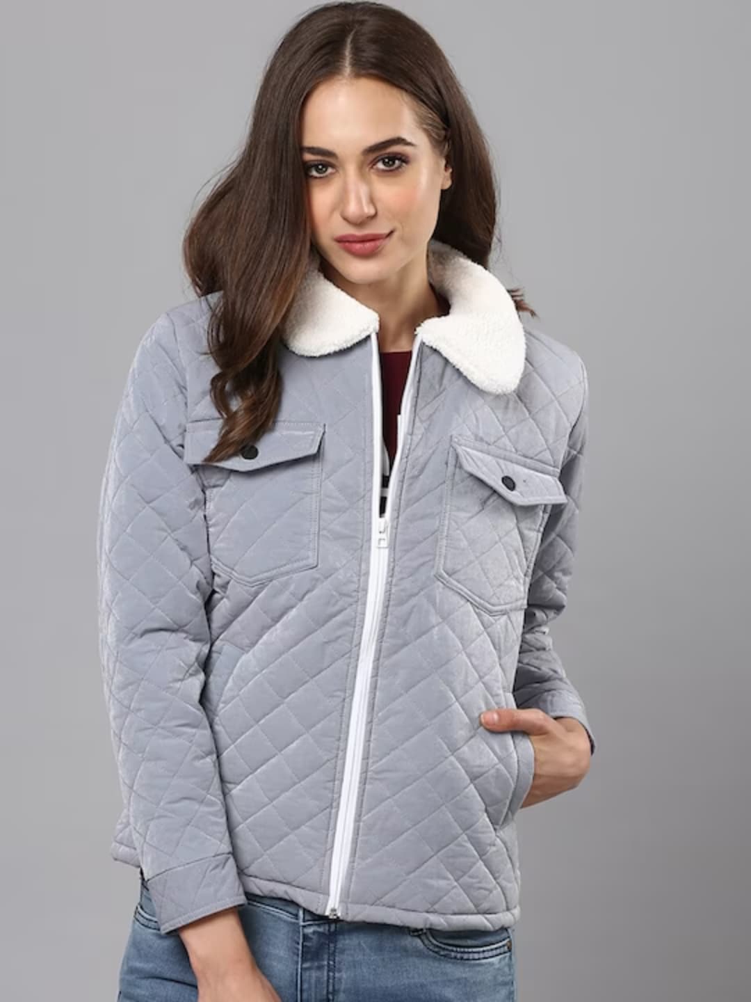 

Campus Sutra Colourblocked Windcheater Quilted Jacket, Grey
