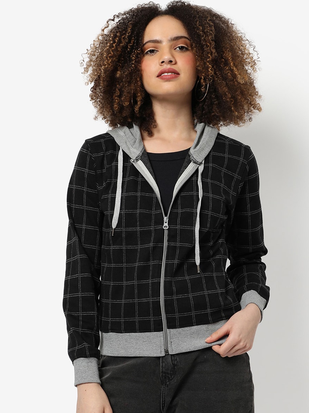 

Campus Sutra Self Design Checked Windcheater Crop Outdoor Tailored Jacket, Black