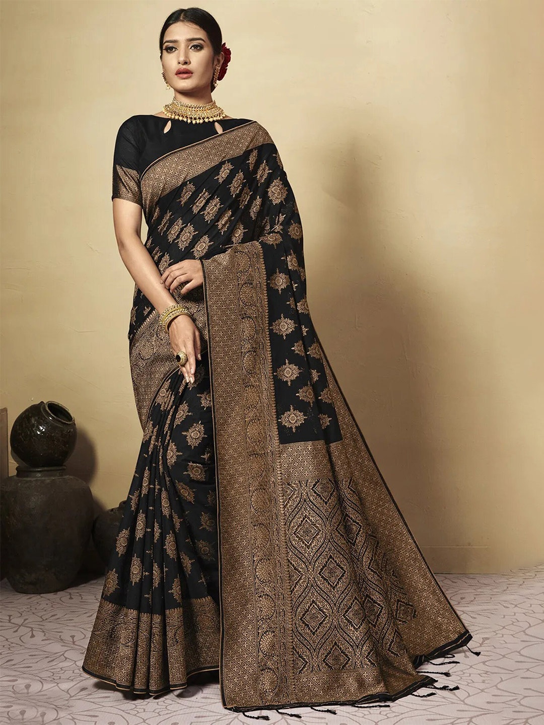 

GAJARAI Black & Gold-Toned Woven Design Zari Chanderi Saree