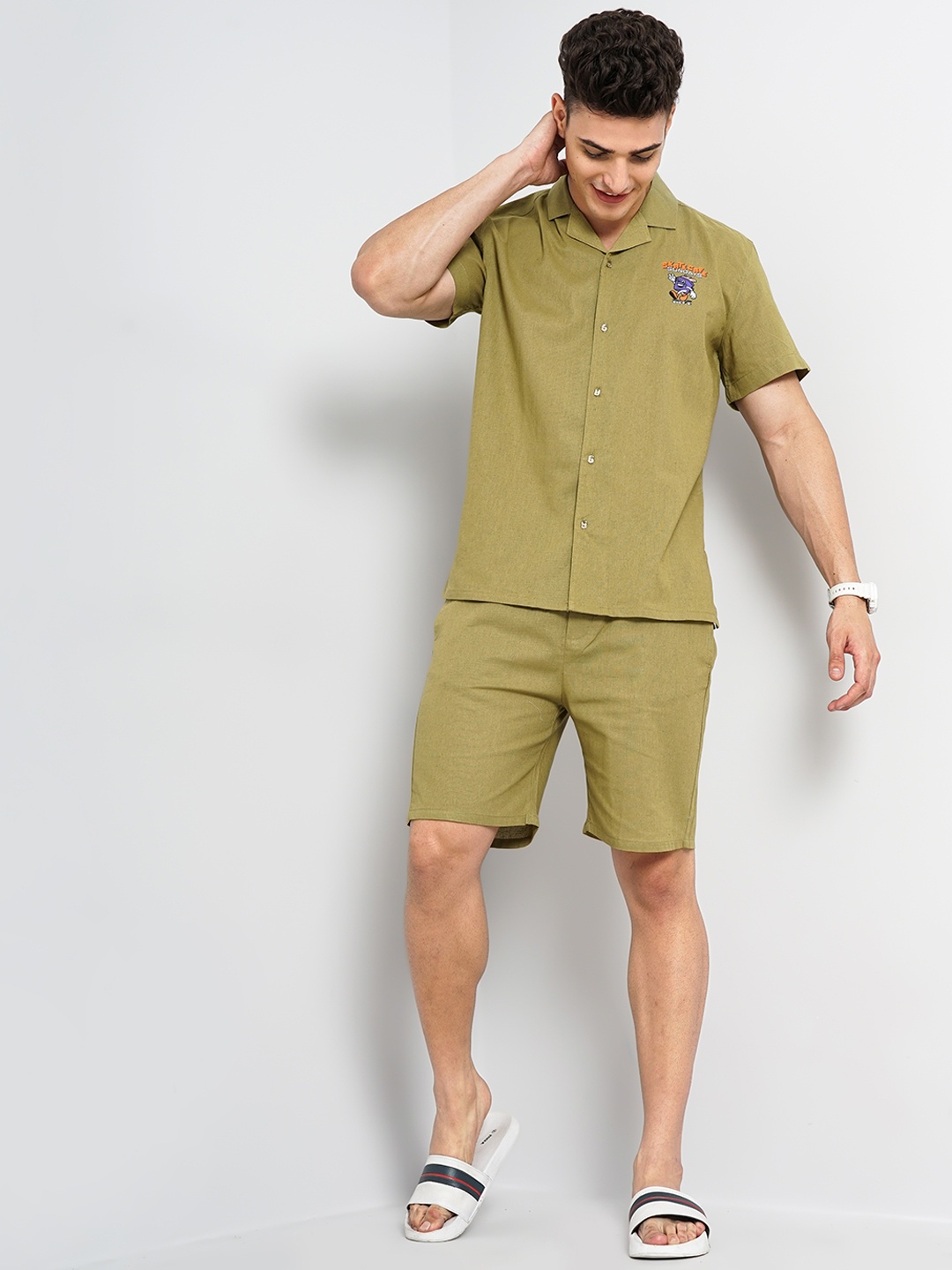 

The Indian Garage Co Printed Pure Cotton Shirt With Shorts Co-Ords, Olive