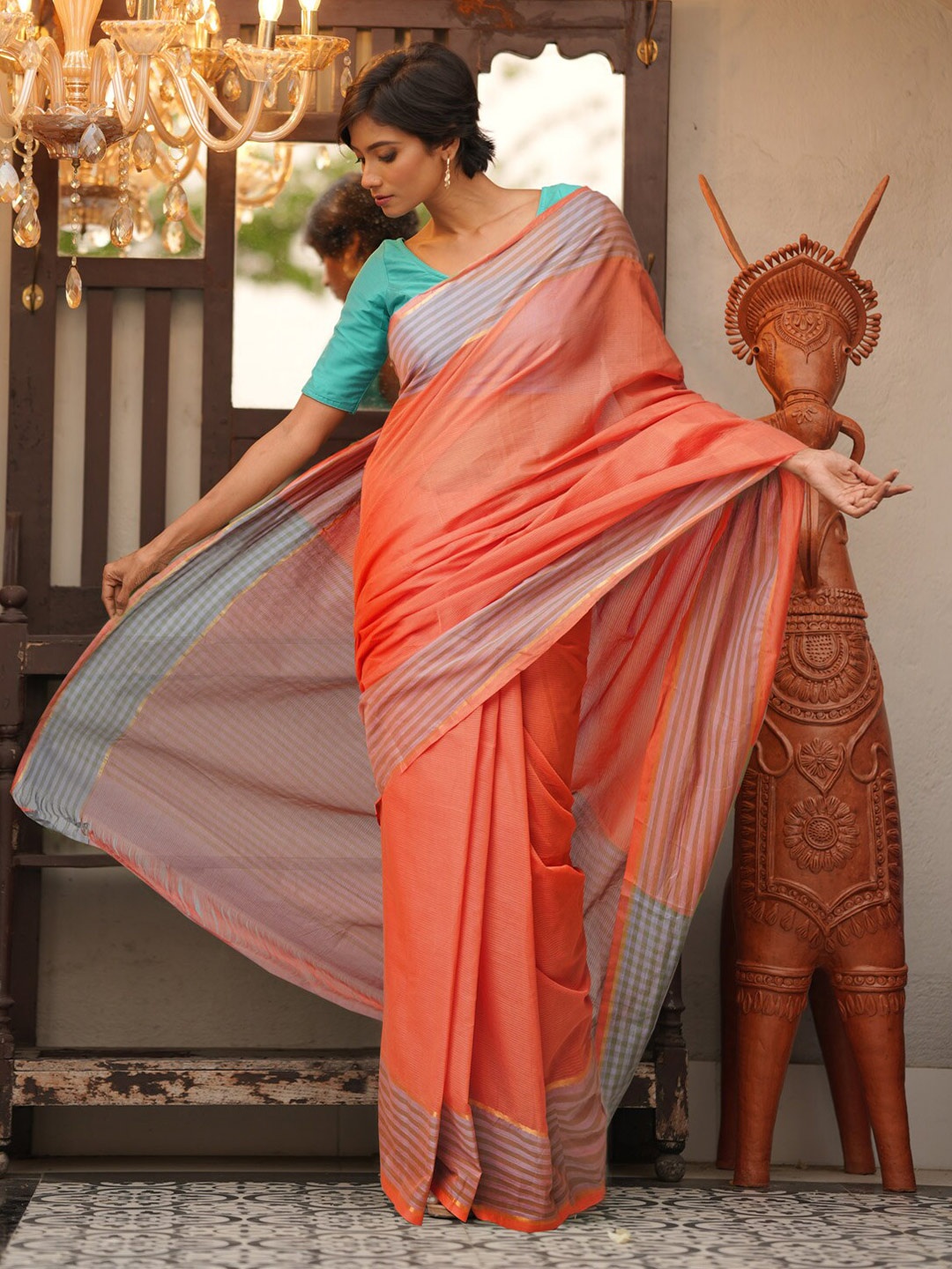 

Unnati Silks Pink & Blue Zari Pure Cotton Handloom Mangalagiri Saree