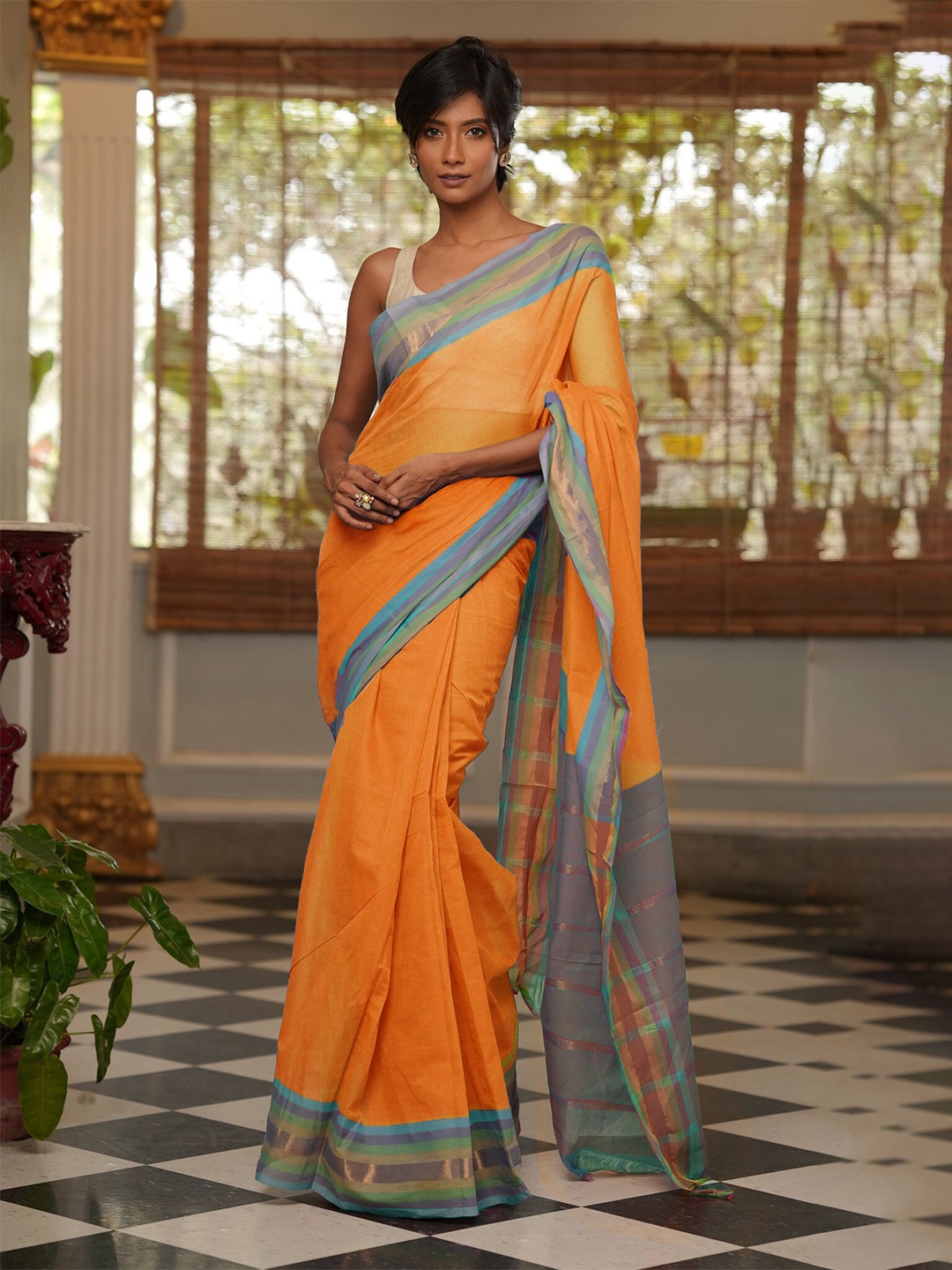 

Unnati Silks Orange & Blue Zari Pure Cotton Mangalagiri Saree