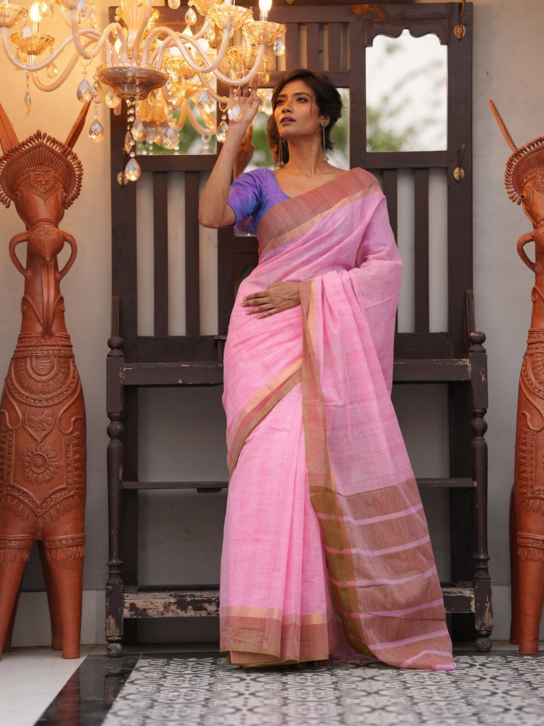 

Unnati Silks Pink & Mustard Pure Cotton Handloom Mangalagiri Saree