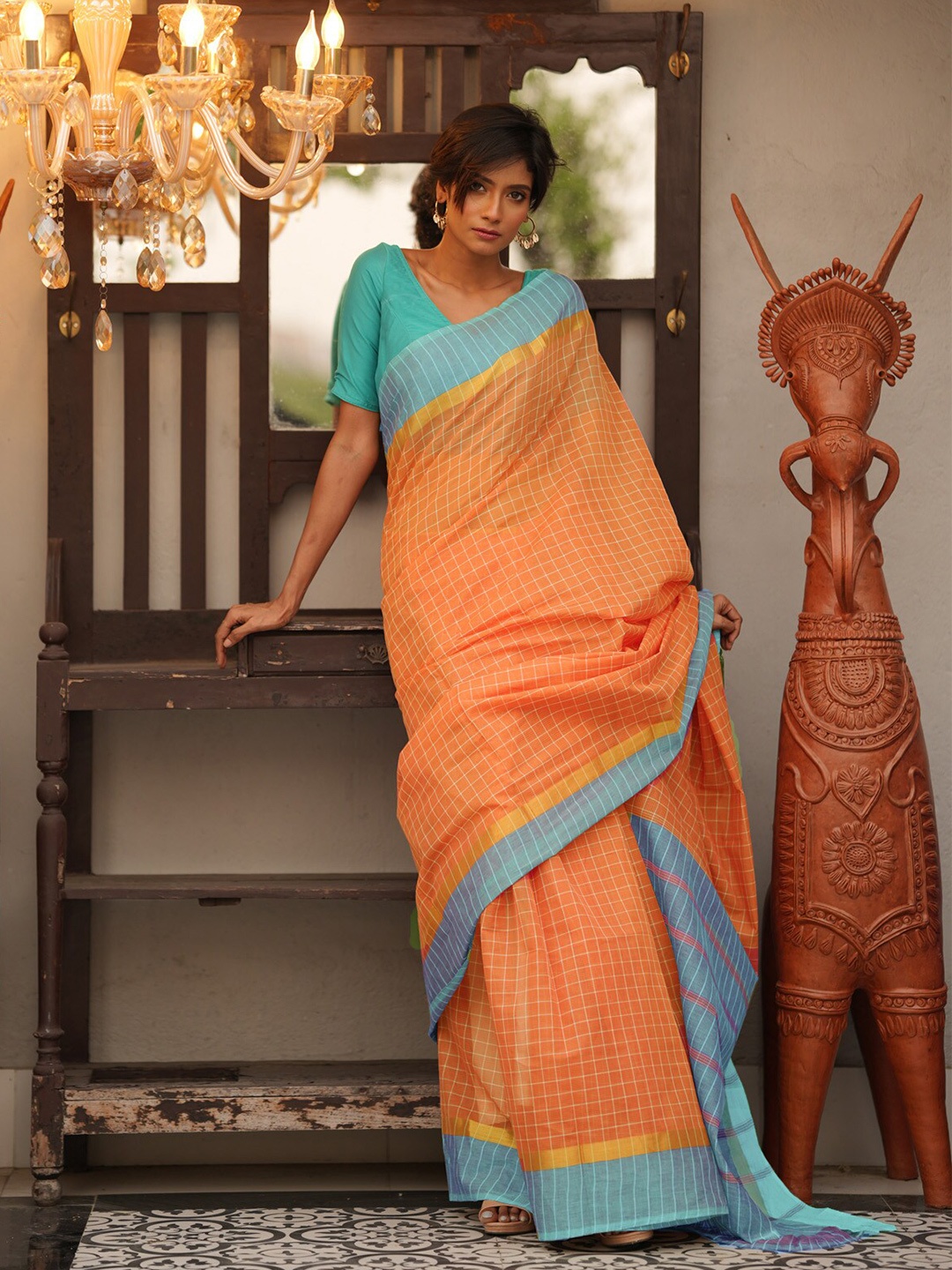 

Unnati Silks Orange & Blue Checked Zari Pure Cotton Handloom Mangalagiri Saree