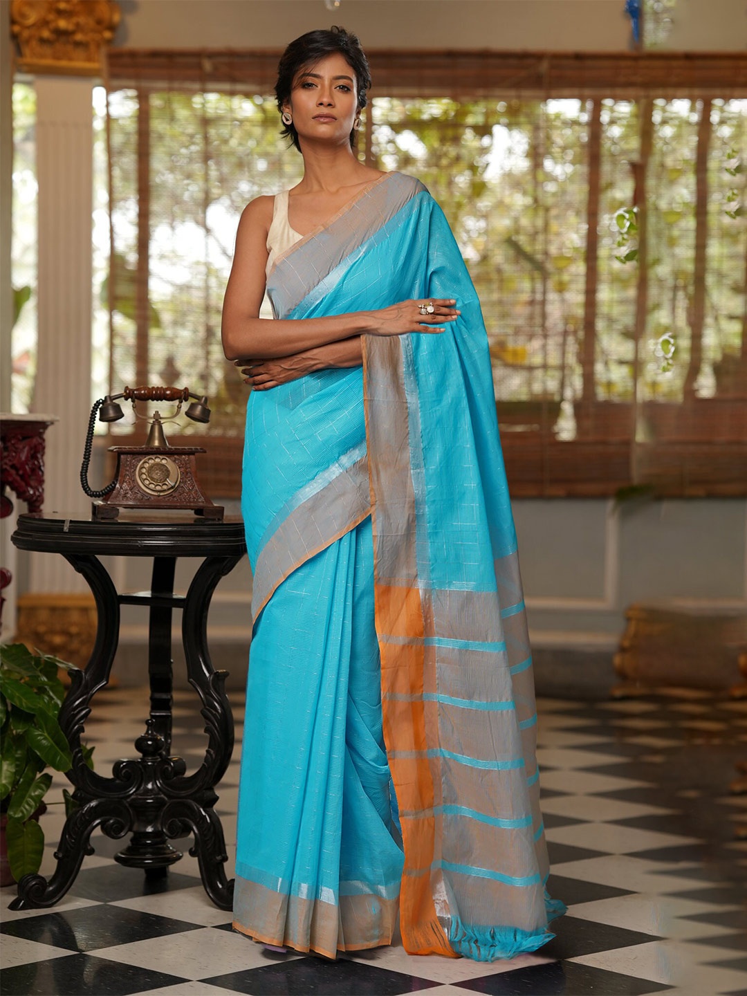 

Unnati Silks Blue & Orange Checked Zari Pure Cotton Handloom Mangalagiri Saree