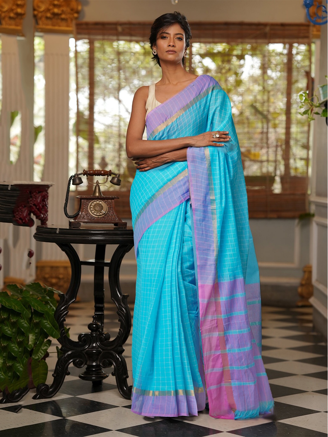 

Unnati Silks Blue & Pink Woven Design Zari Pure Cotton Handloom Mangalagiri Saree