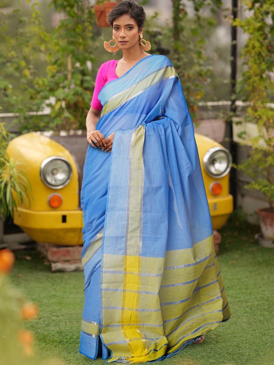 

Unnati Silks Blue & Yellow Striped Zari Pure Cotton Handloom Mangalagiri Saree