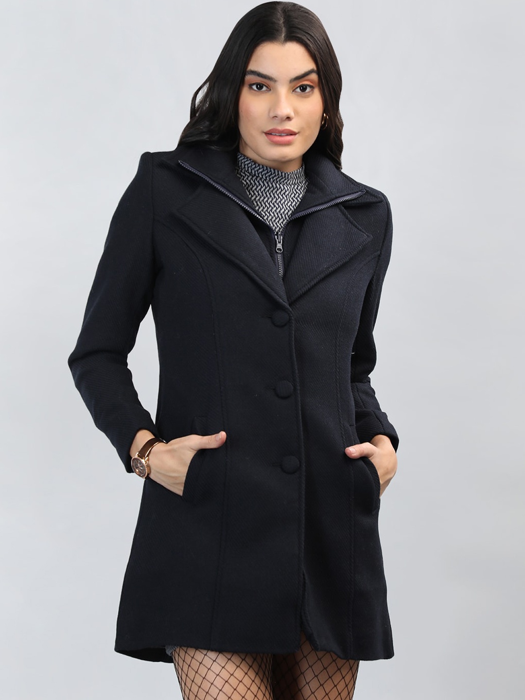 

LEBORK Double Collar Single-Breasted Wool Overcoat, Navy blue
