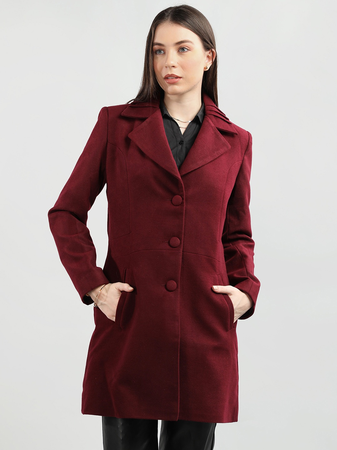 

LEBORK Notched Lapel Woollen Single-Breasted Overcoat, Maroon