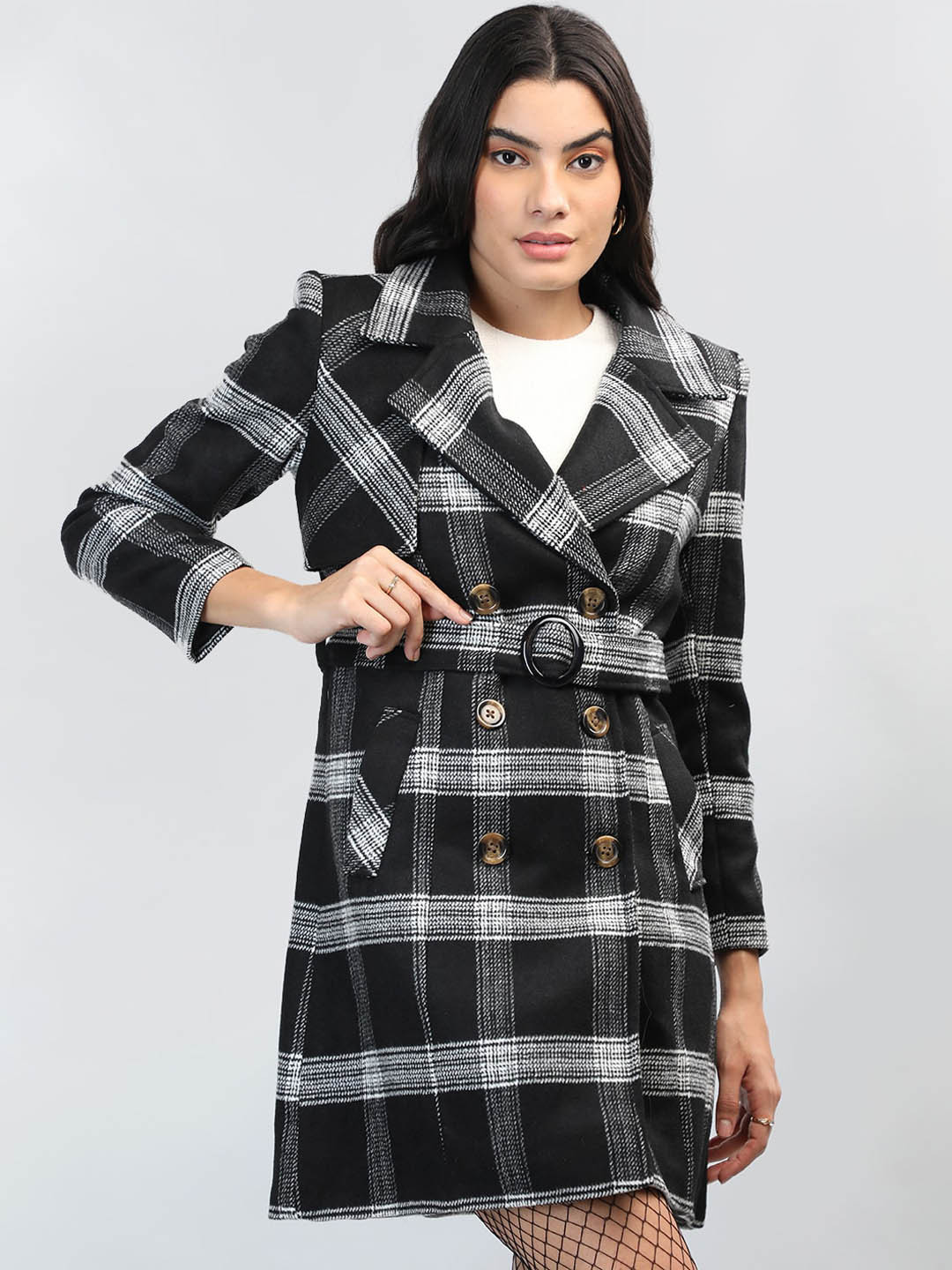 

LEBORK Checked Double Breasted Overcoat, Black