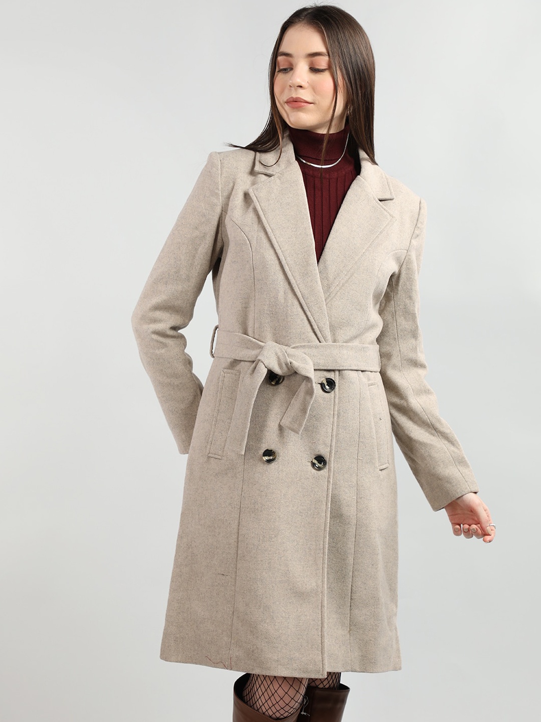 

LEBORK Notched Lapel Woollen Double Breasted Overcoat, Beige