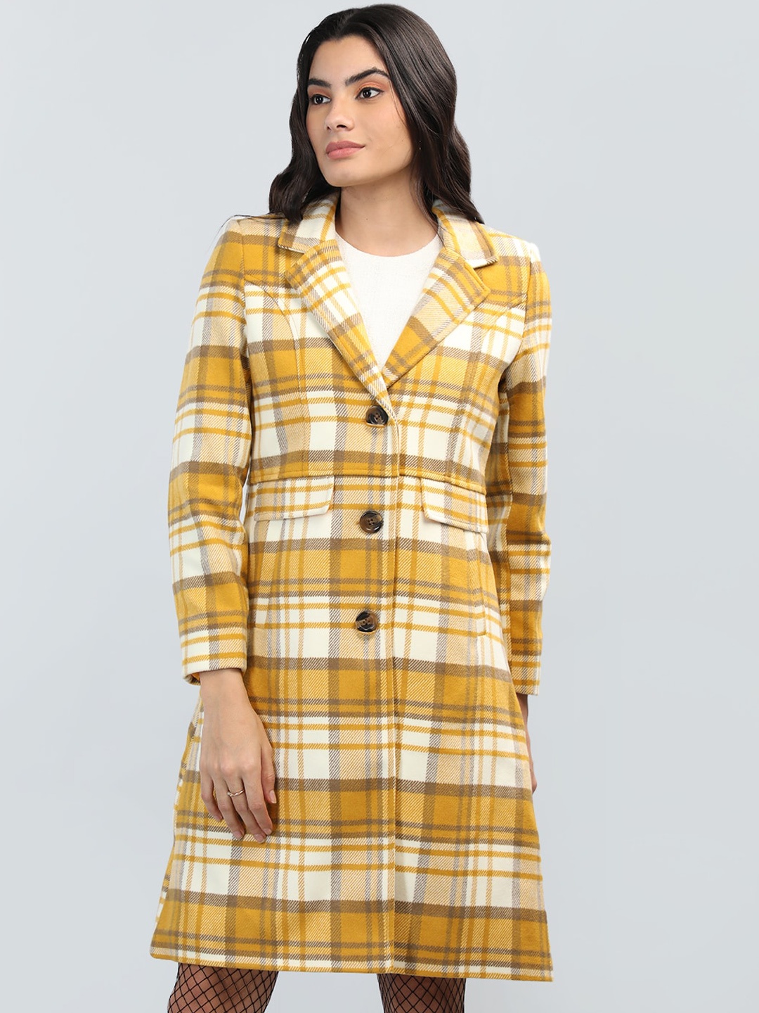 

LEBORK Checked Woollen Single Breasted Overcoat, Mustard