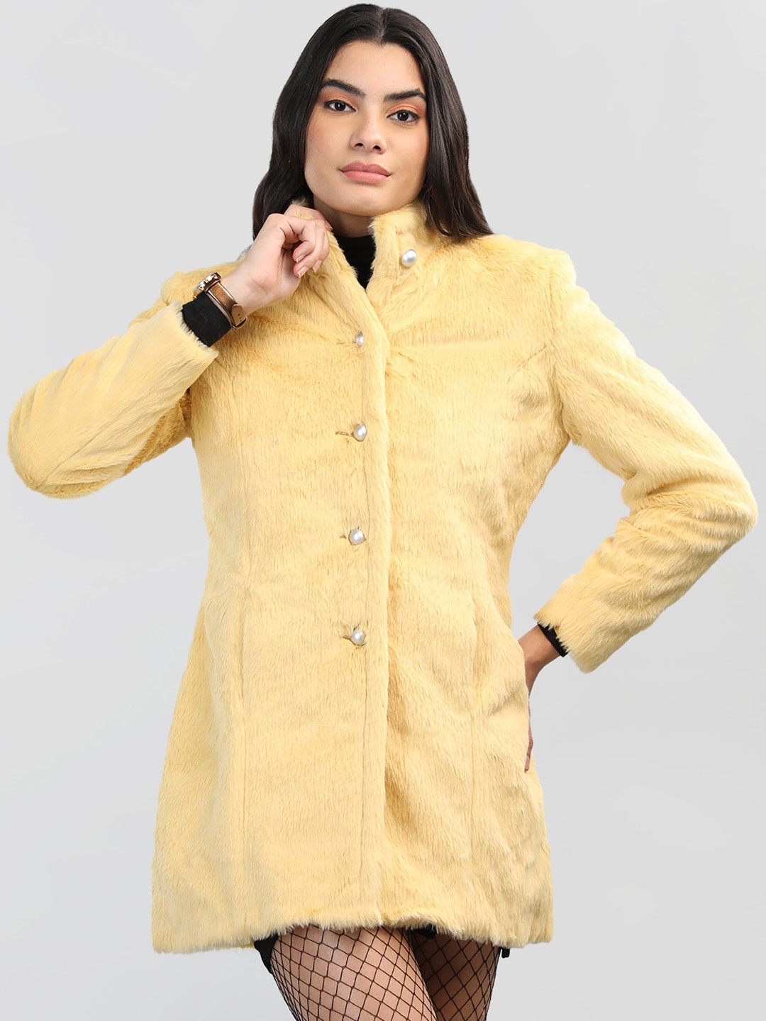 

LEBORK Stand Collar Woollen Single Breasted Overcoat, Yellow