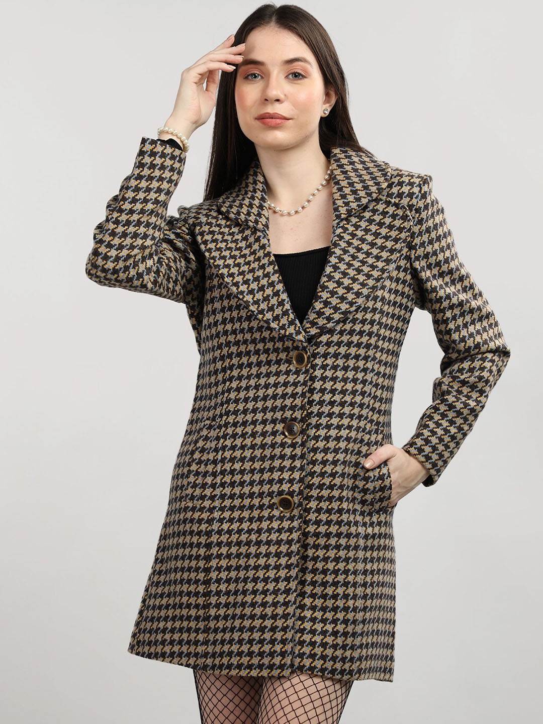 

LEBORK Checked Woollen Single Breasted Overcoat, Brown
