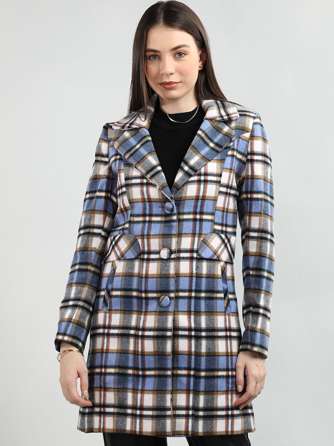 

LEBORK Checked Notched Lapel Collar Single-Breasted Overcoat, Blue