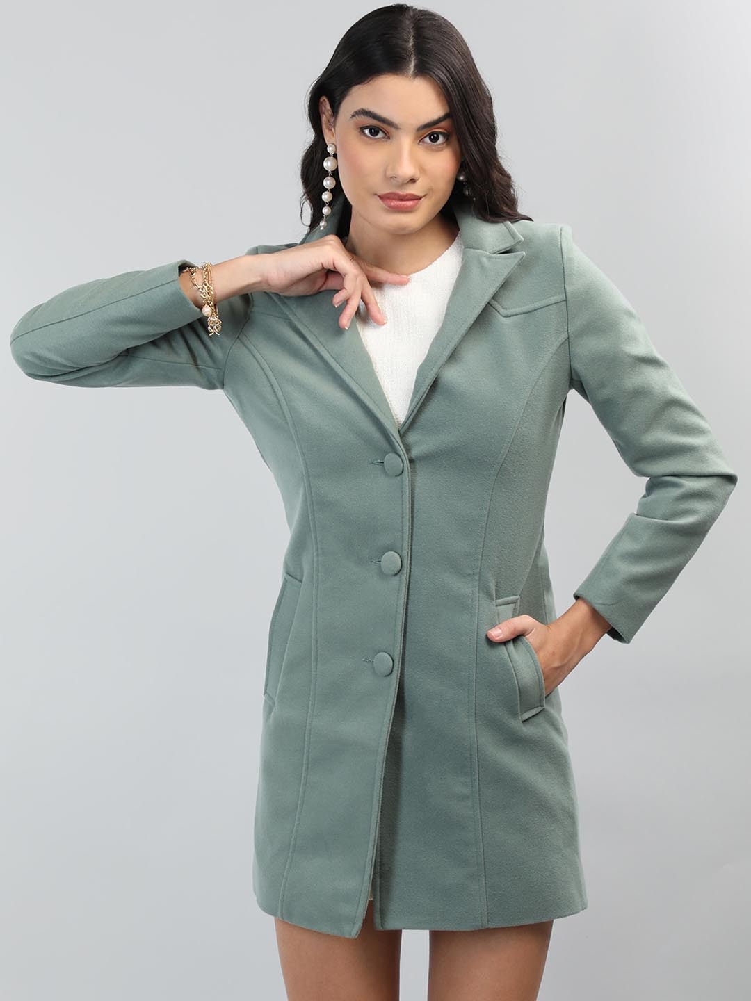 

LEBORK Notched Lapel Collar Single-Breasted Woolen Overcoat, Green