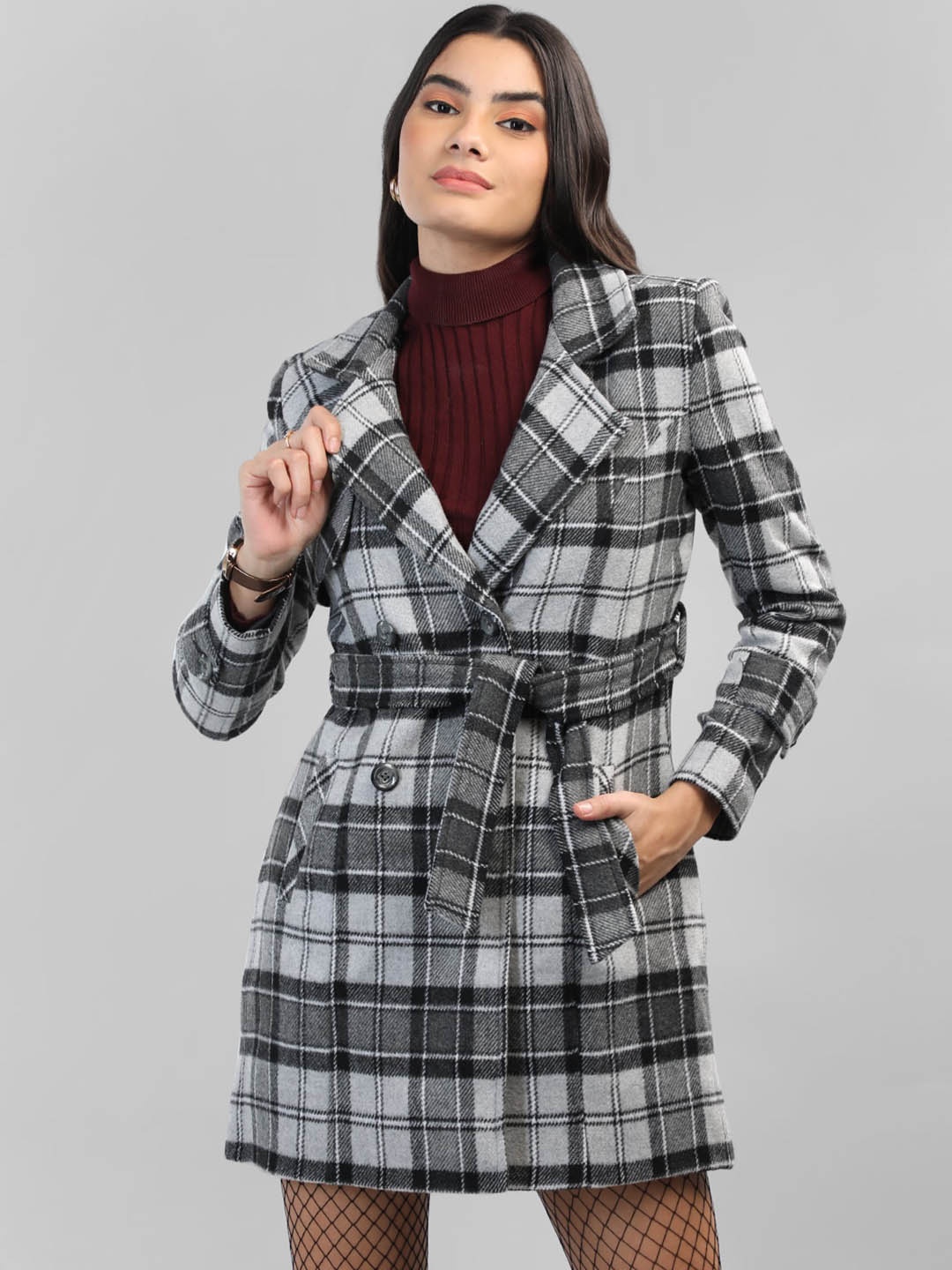 

LEBORK Checked Notched Lapel Collar Woollen Double Breasted Coat, Black