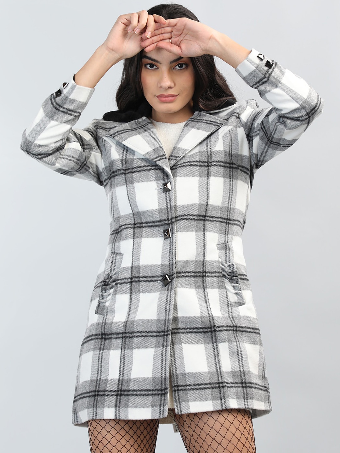 

LEBORK Checked Single Breasted Coat, Grey