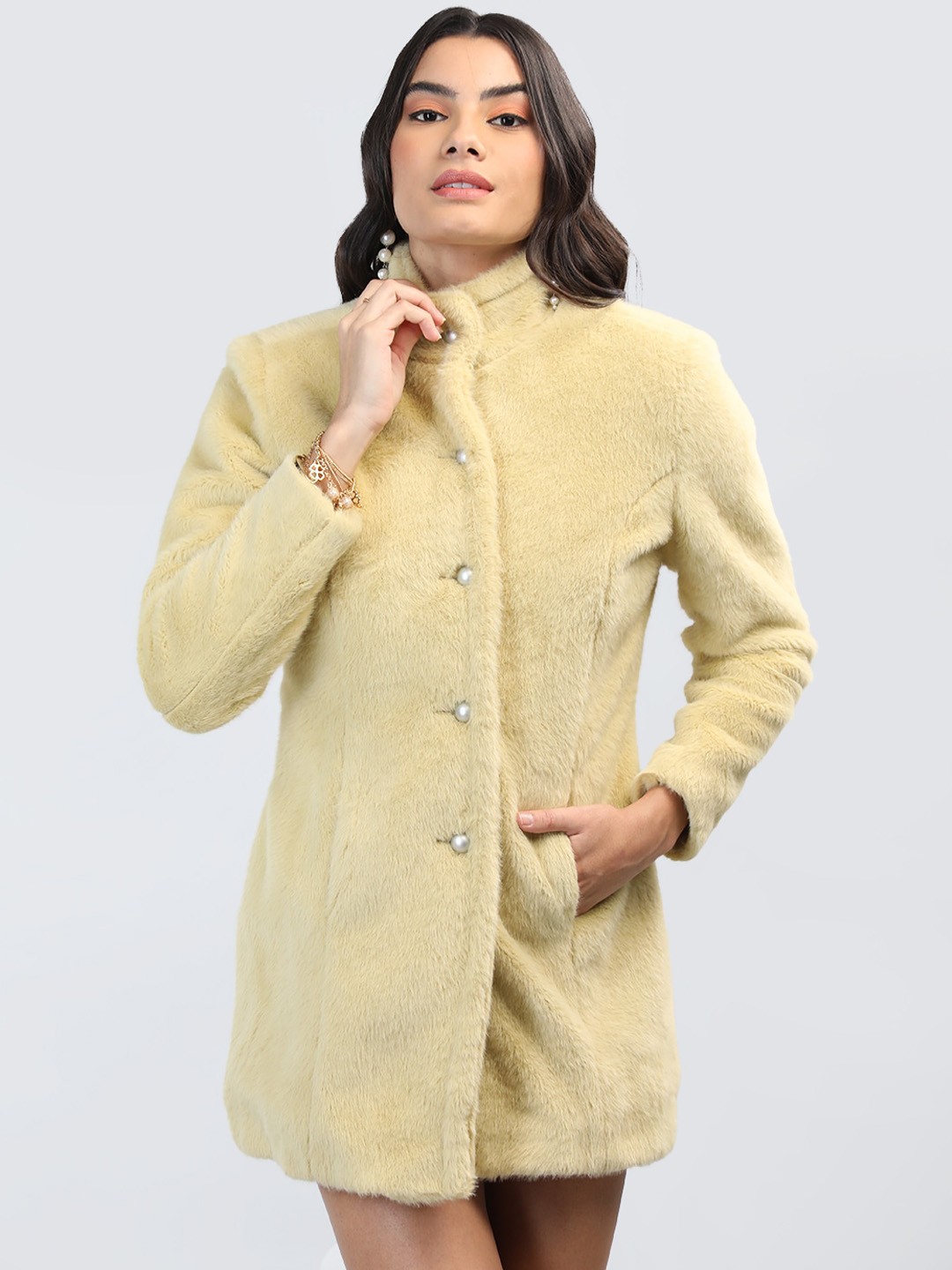 

LEBORK Faux-Fur Single-Breasted Wool Overcoat, Lime green