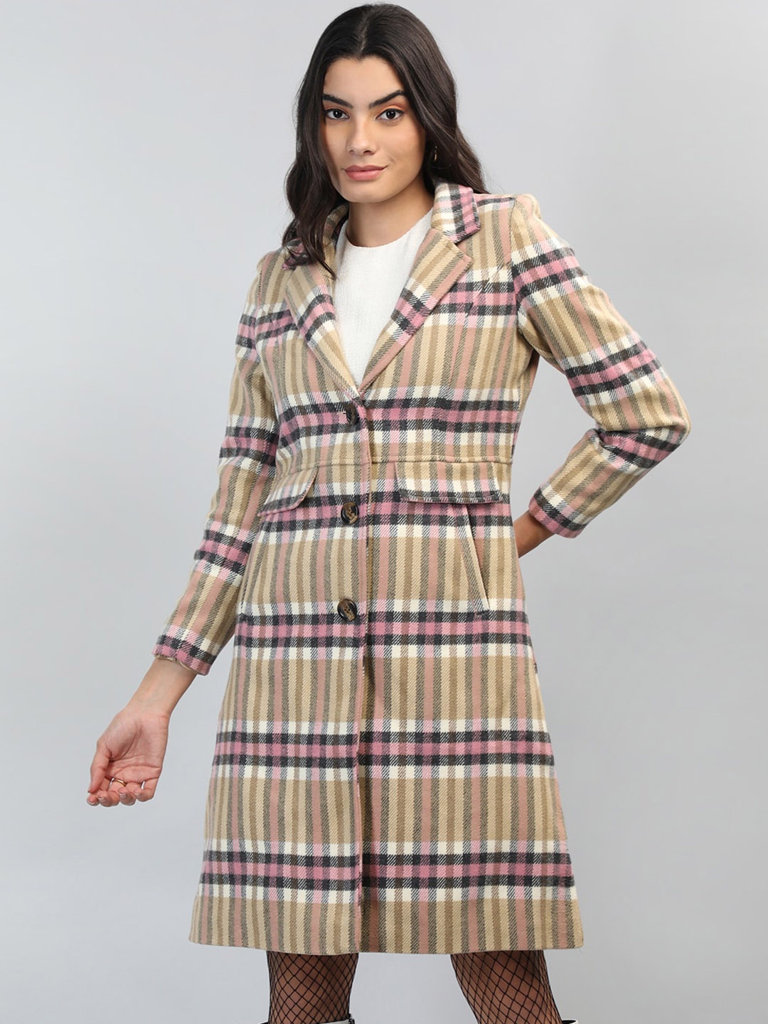 

LEBORK Checked Single Breasted Overcoat, Beige