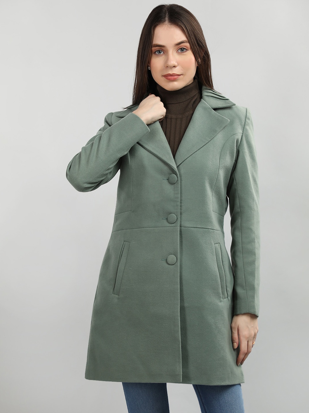 

LEBORK Notched Lapel Woollen Single Breasted Overcoat, Green