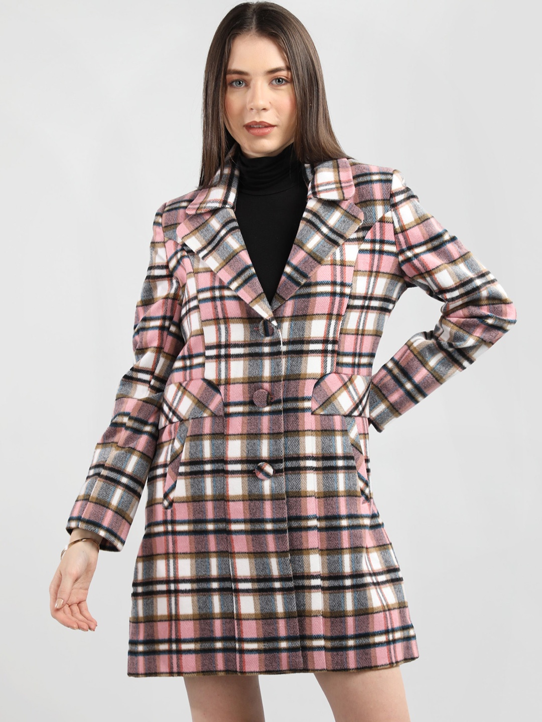

LEBORK Checked Single Breasted Overcoat, Pink