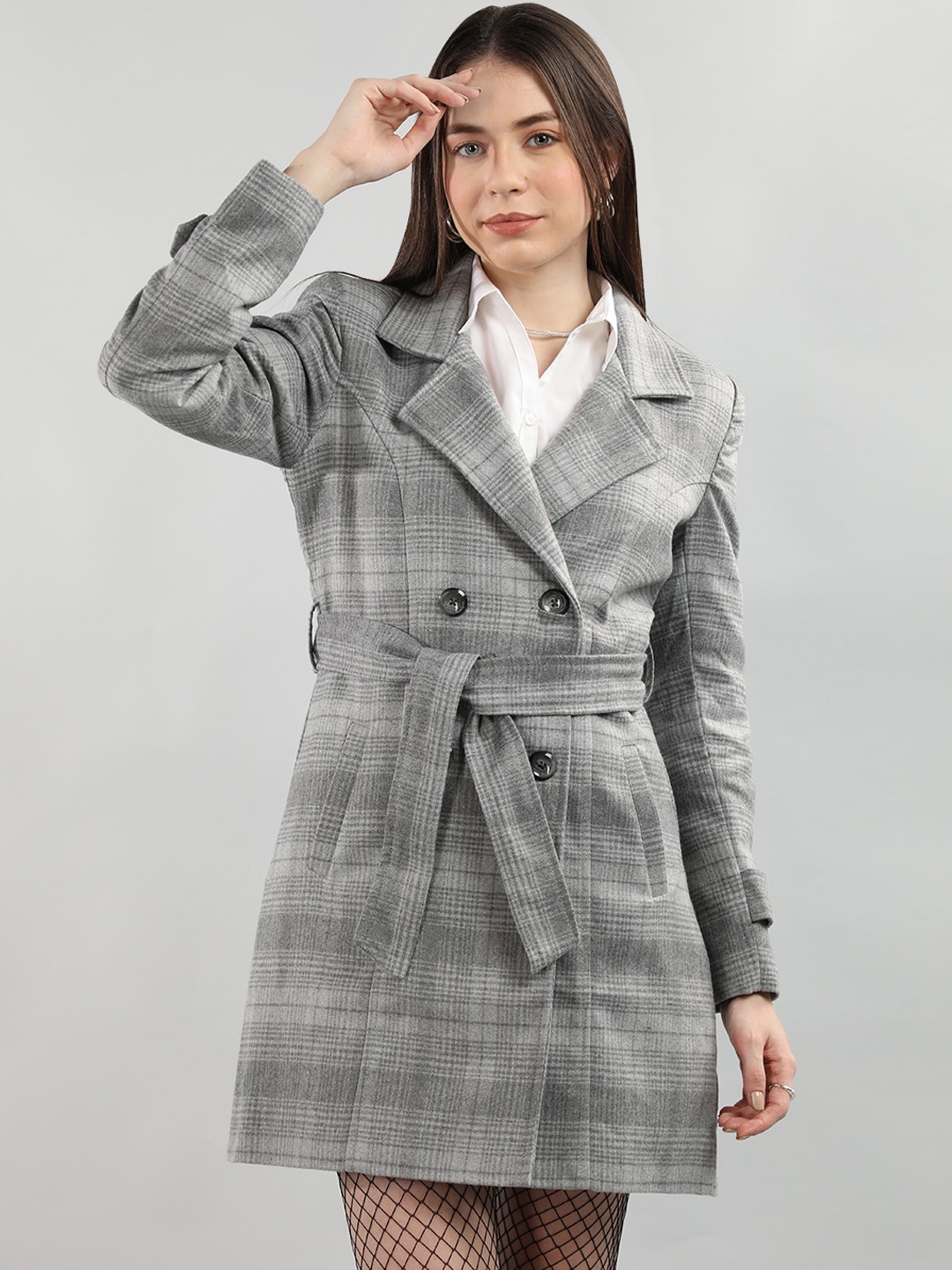 

LEBORK Checked Double Breasted Coat, Grey