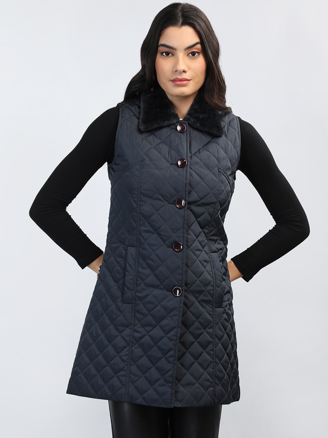 

LEBORK Textured Spread Collar Single Breasted Woollen Sleeveless Coat, Navy blue