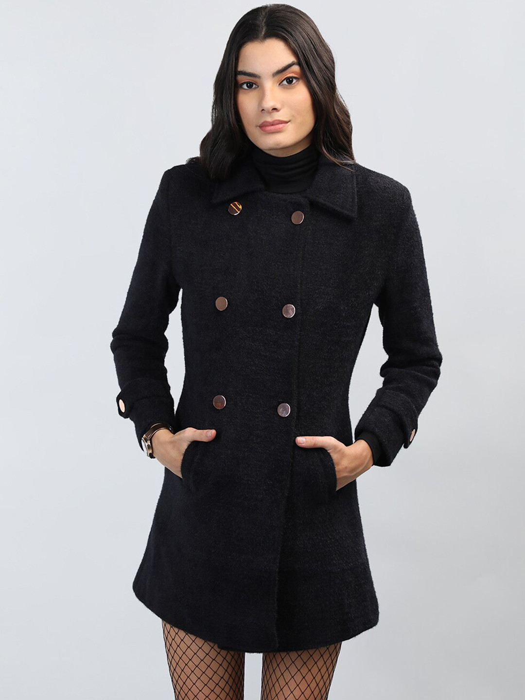 

LEBORK Double-Breasted Overcoat, Black