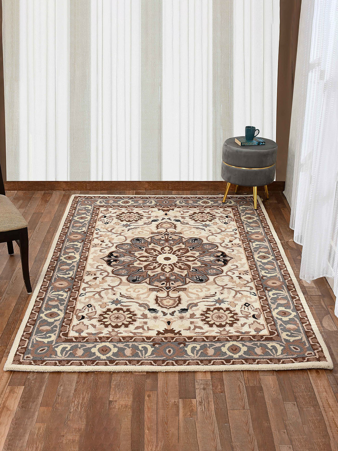 

PRESTO Beige & Brown Traditional Hand Tufted Woolen Carpet