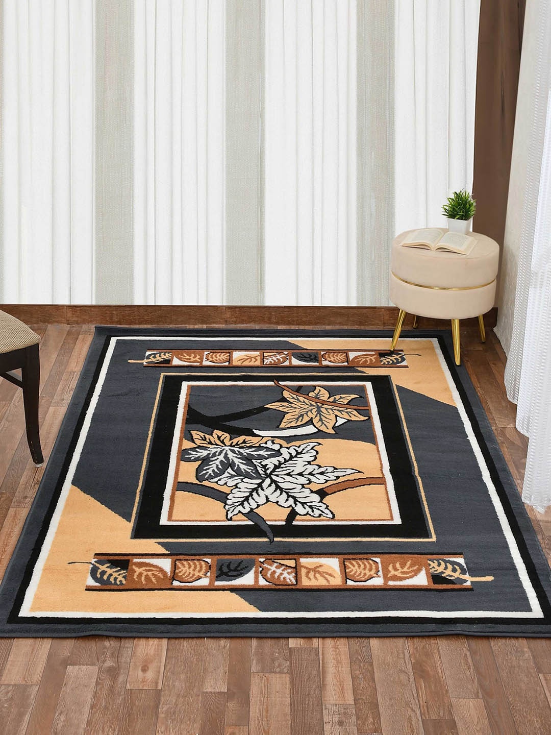 

PRESTO Grey & Gold-Colored Floral Woolen Carpet